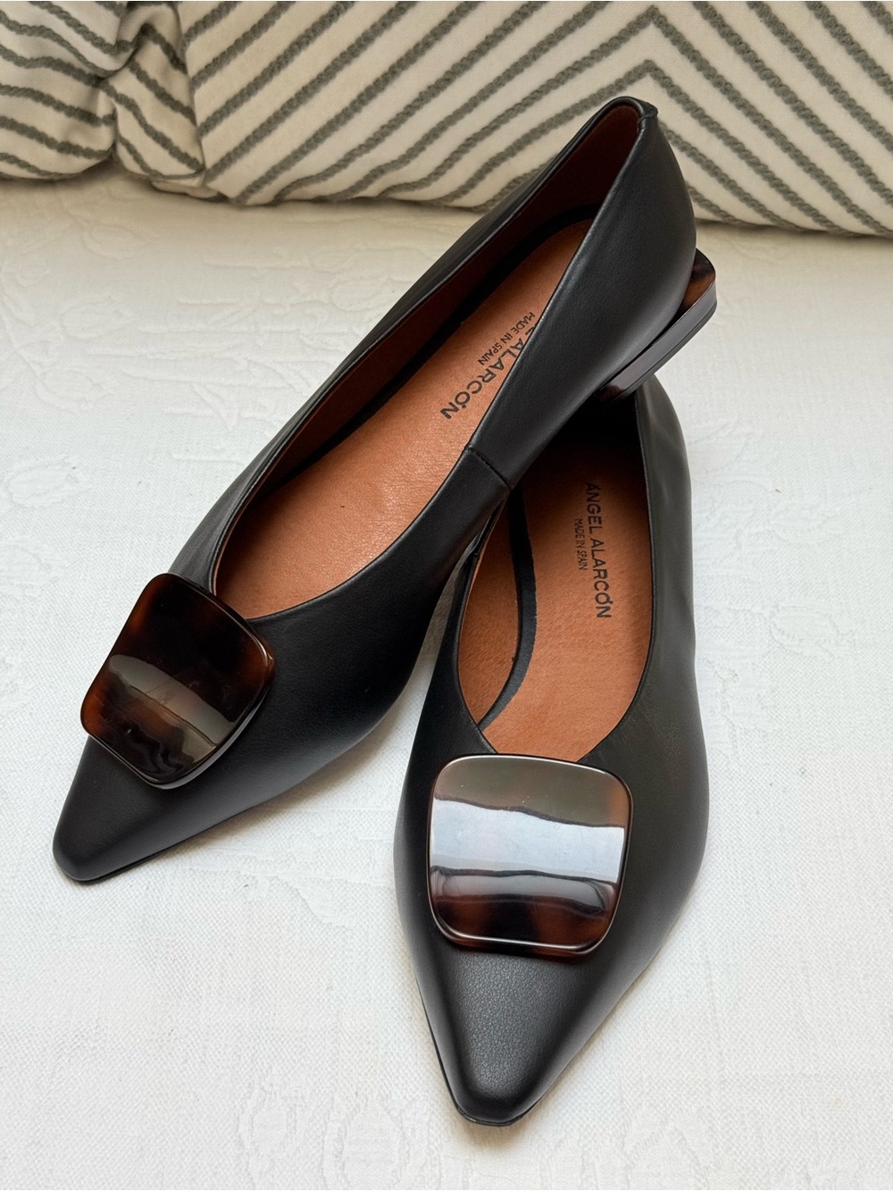 Angel Alarcon Black Pointed-Toe Flats with Tortoiseshell Accent